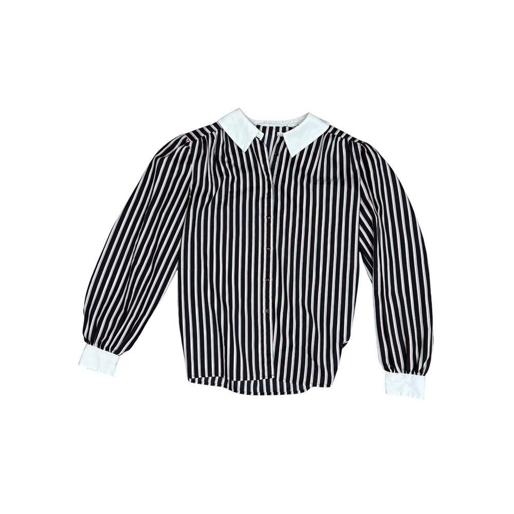 Vintage 70S Striped Victorian Collared Puff Shoulder Blouse Small / Medium